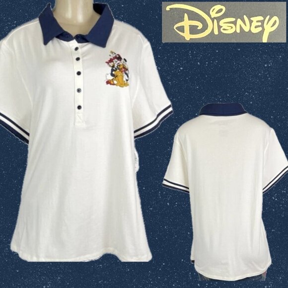 Disney Tops - Disney +2 Off-White Mickey & Friends Graphic Navy Trim Short Sleeve Polo Shirt
